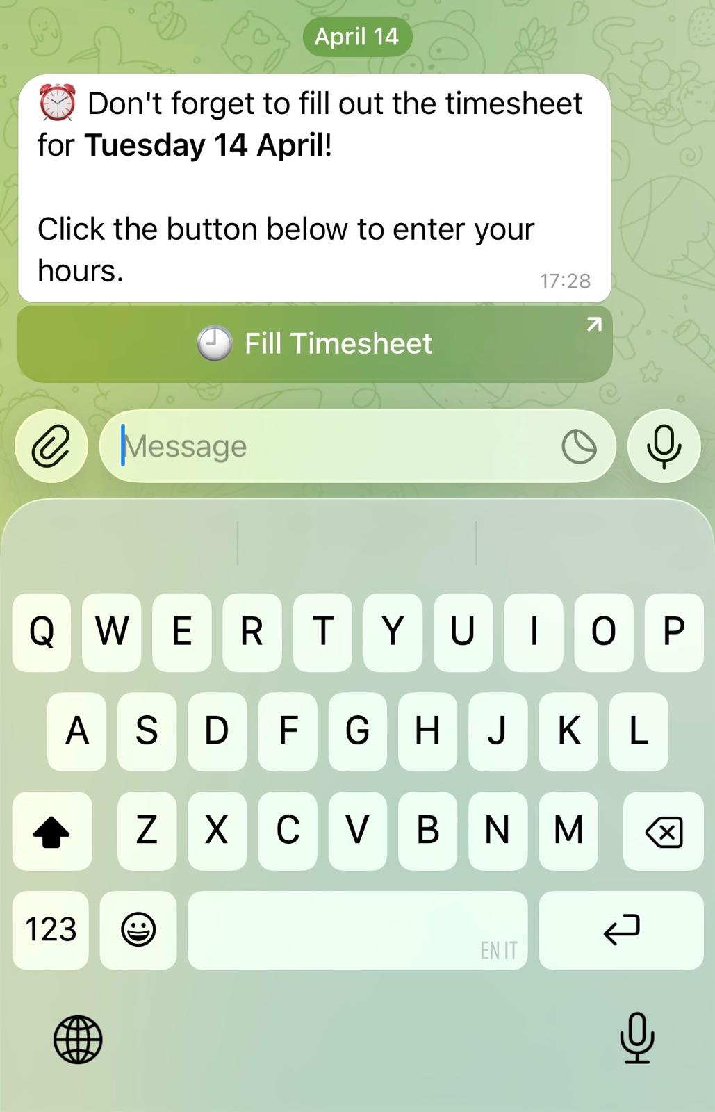 Schermata Telegram — inserimento ore step 2