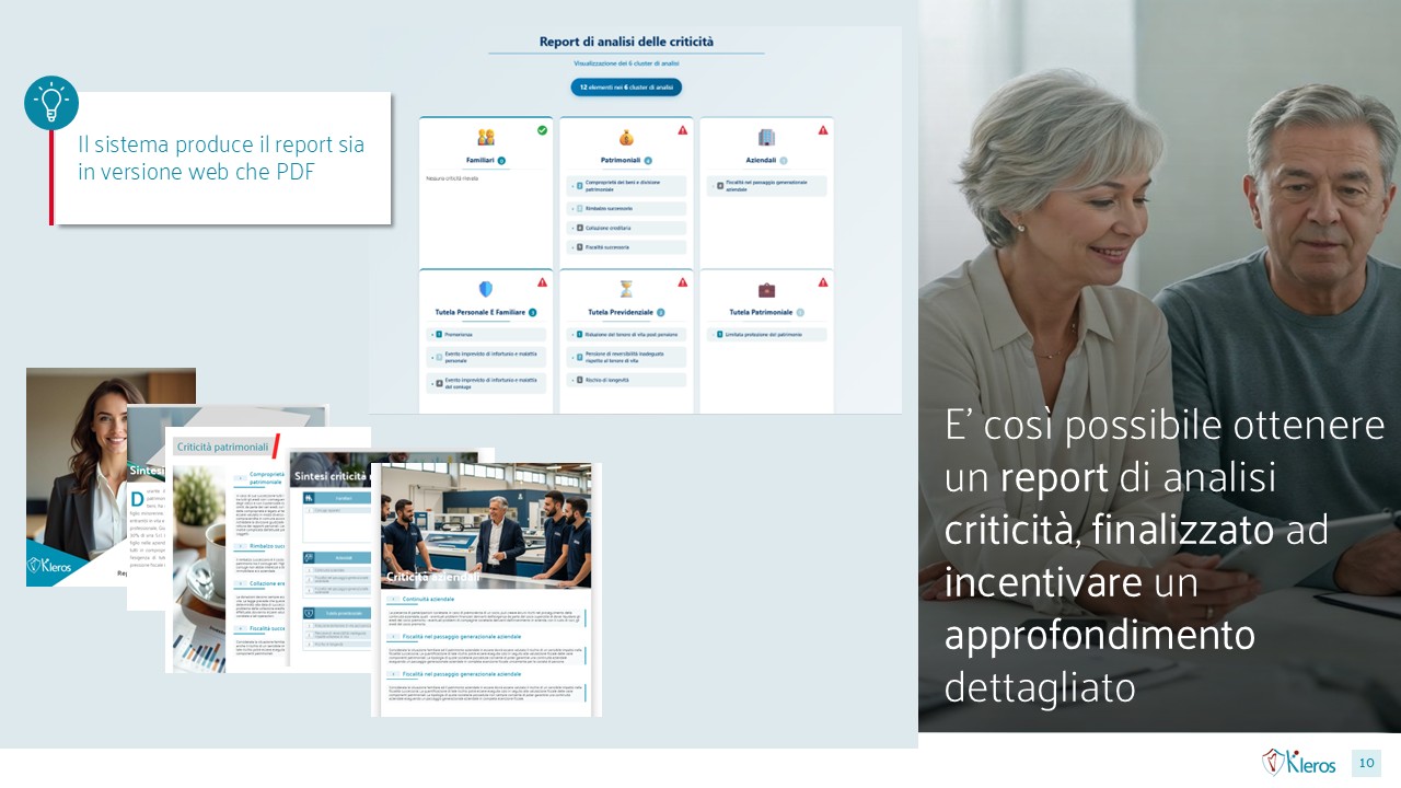 Dashboard visiva delle criticità patrimoniali, familiari e aziendali con report PDF